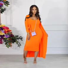 SC Long Sleeve Jacket U Neck Halter Midi Dress Two Piece Set YF-10579