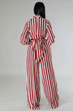 SC Stripe Print Tie Up Long Sleeve Pants Two Piece Set XHXF-8678