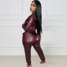 SC Sexy PU Leather Long Sleeve Casual Two Piece Pants Set NYF-8149