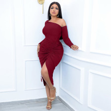 SC Sexy Slash Neck Drawstring Slit Midi Dress LSL-0003