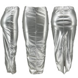 SC Solid Color Leather Split Slim Half Body Skirt FNN-8720