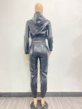 SC Sexy PU Leather Long Sleeve Casual Two Piece Pants Set NYF-8149