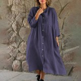SC Plus Size Solid Color Stand Collar Button Up Long Dress GOFY-7008