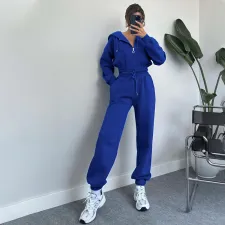 SC Solid Color Hooded Zipper Sport Two Piece Pants Set SSNF-211339