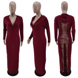 SC Solid Hooded Long Sleeve Split Hollow Out Maxi Dress YNB-7234