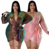 SC Plus Size Sexy Sequin Tie Up Nightclub Dress NNWF-7938