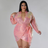 SC Plus Size Sexy Sequin Tie Up Nightclub Dress NNWF-7938