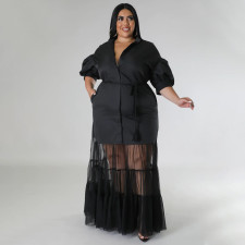 SC Plus Size Mesh Patchwork Short Sleeve Maxi Dress NNWF-7937