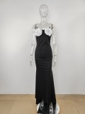 SC Solid Color Applique Sexy Skinny Halter Maxi Dress MUE-7967