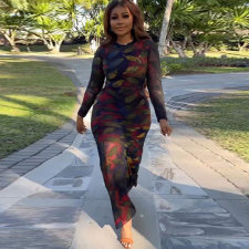 SC Plus Size Fashion Print Long Sleeve Fishtail Dress NY-2857