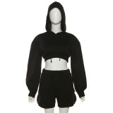 SC Solid Hooded Short Sweatshirt And Shorts Sport 2 Piece Set XEF-35062