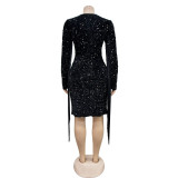 SC Solid Color Sequin Tassel Long Sleeve Mini Dress BY-6611