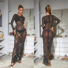 SC Mesh See Through Long Sleeve Hot Drill Maxi Dress BY-6505