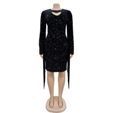 SC Solid Color Sequin Tassel Long Sleeve Mini Dress BY-6611