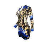 SC Leopard Print Pleated Long Sleeve Mini Dress ML-7532