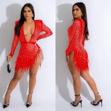 SC Sexy Deep V Neck Mesh Hot Drill Mini Dress BY-6659
