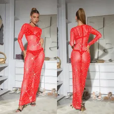 SC Mesh See Through Long Sleeve Hot Drill Maxi Dress BY-6505
