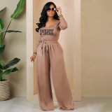 SC PINK Letter Print Knits Tie Up Tops Loose Two Piece Pants Set XMF-312