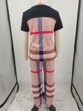SC Plus Size Stripe Plaid Print Short Sleeve Two Piece Pants Set YIM-366