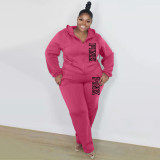 SC Plus Size PINK Letter Print Solid Hoodies Two Piece Pants Set XMF-314