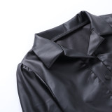 SC Solid Long Sleeve Lapel Neck Pleated Mini Dress FL-21618