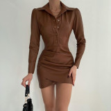 SC Solid Long Sleeve Lapel Neck Pleated Mini Dress FL-21618