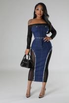 SC Fashion Mesh Patchwork Denim Two Piece Skirt Set BS-1356