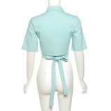 SC Solid Color Short Sleeve Tie Up Tops XEF-33701