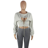 SC Sexy Hollow Out Solid Tie Up Sweatshirt XMF-9047