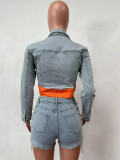 SC Denim Patchwork Long Sleeve Jacket And Shorts Two Piece Set MEM-88520