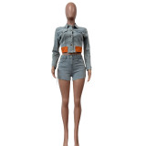 SC Denim Patchwork Long Sleeve Jacket And Shorts Two Piece Set MEM-88520