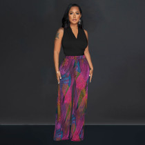 SC Colorful Printed V-Neck Sleeveless Pants Two Piece Set BY-6708