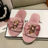 SC Warm Bowknot Metal Chain Flat Heel Open Slippers ZFLX-FL-70