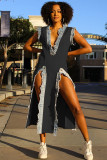 SC Fashion Denim Patchwork Slit Deep V Maxi Dress MEM-88524