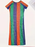 SC Stripe Color Blocking Mesh Slit Midi Dress SH-P390520