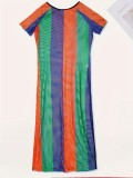 SC Stripe Color Blocking Mesh Slit Midi Dress SH-P390520