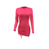 SC Plus Size Solid Color Long Sleeve Drawstring Mini Dress AMLF-2003