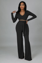 SC Solid Color Deep V Neck Micro Flare Pants Two Piece Set XMY-9463