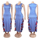 SC Plus Size Stripe Patchwork Print Sleeveless Maxi Dress NY-10625