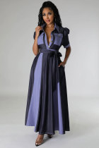 SC Contrast Color Short Sleeve Maxi Dress(With Waist Belt) XHXF-955