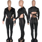 SC Long Sleeve Tie Up Tops And Pant PU Leather 2 Piece Set LP-90125