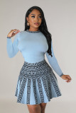 SC Fashion Long Sleeve Print Knit Pleated Mini Dress OSM-4406