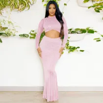 SC Long Sleeve Hot Drill Tight Tops And Fishtail Skirt 2 Piece Set NY-2856