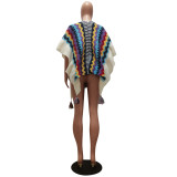 SC Plus Size Geometric Knit Tassel Jacket Cardigan Poncho CM-8698