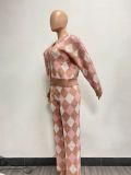 SC Knit Sweater Diamond Check Cardigan Two Piece Pants Set NYF-8153