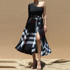 SC One Shoulder Printed Color Block Split Maxi Dress YF-10635