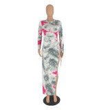 SC Tie Dye Print Drawstring Split Beach Maxi Dress YH-5336