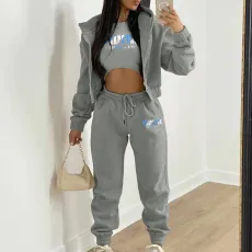 SC Padded Letter Print Hooded Sweatshirt Sport Three Piece Pants Set TK-002