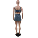 SC Fashion Denim Wrap Chest Vest And Skirt Two Piece Set MEM-88523