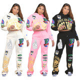 SC Casual Print Hooded Sweatshirt And Pants Two Piece Set JH-345